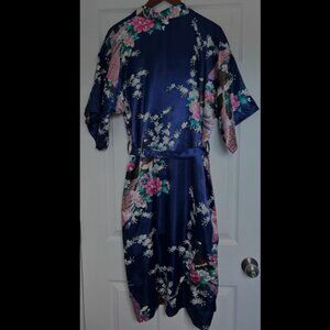 Kimono robe one size, Peacock Blue/pink Poly Satin